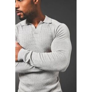 Tailored Athlete Mens Fine Cable Knitted Polo Shirt Grey Muscle Fit NWT Large